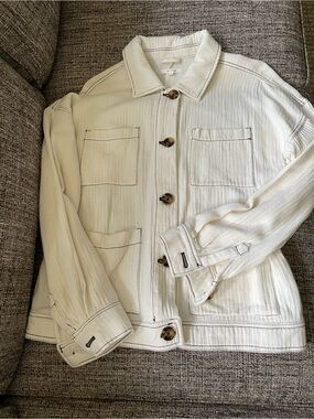 Maurices Cream Button-Up Jacket with Dark Contrast Stitching